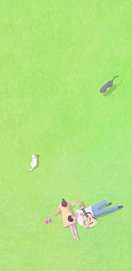 [2436x1125]情侣 绿色 草地 猫咪 黑白 苹果手机动漫壁纸图片