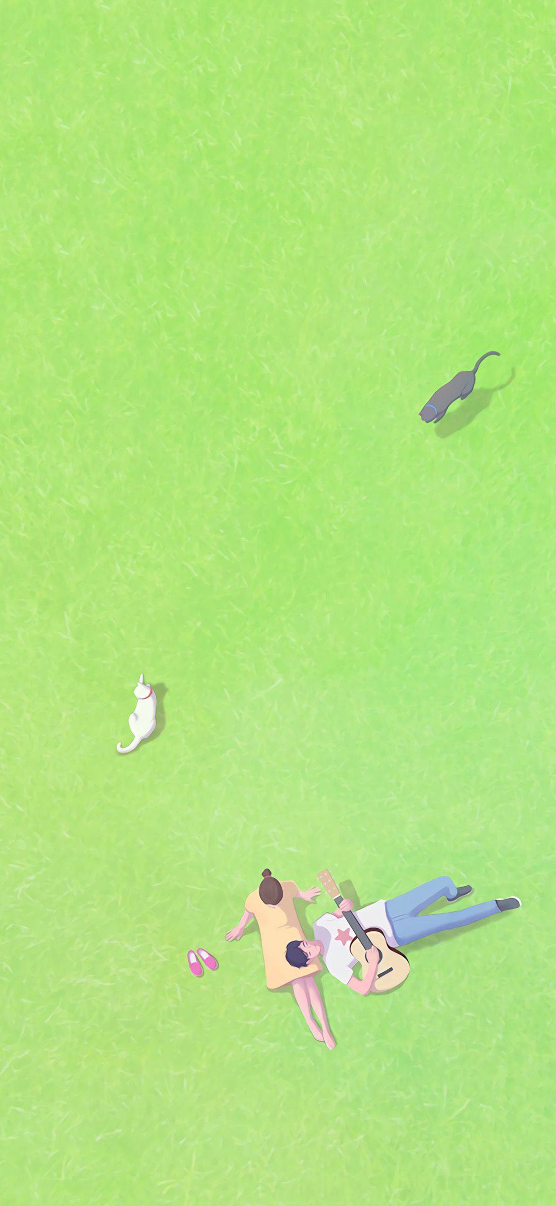 [2436×1125]情侣 绿色 草地 猫咪 黑白 苹果手机动漫壁纸图片