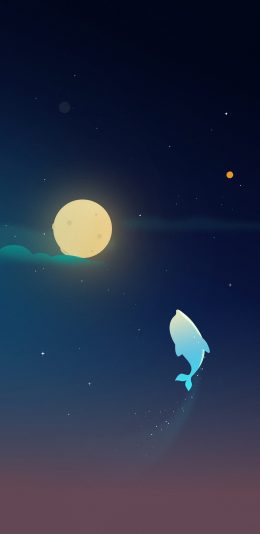 [2436x1125]手绘 创意 渐变 海豚 月球 苹果手机动漫壁纸图片