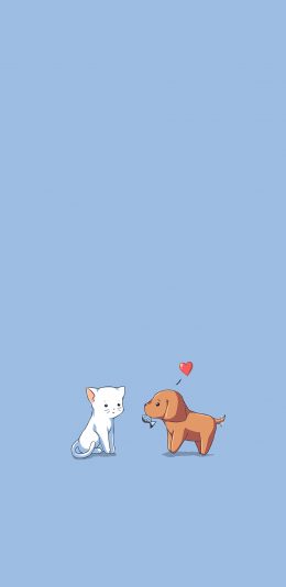[2436x1125]手绘 猫狗 爱心 蓝 苹果手机动漫壁纸图片