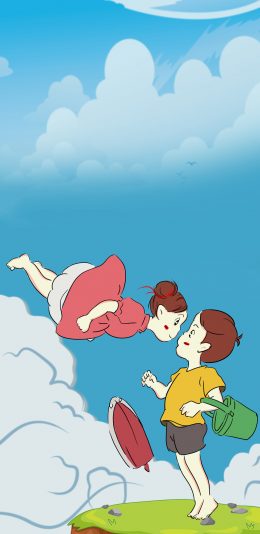 [2436x1125]手绘版 悬崖上的金鱼姬 情侣 苹果手机动漫壁纸图片