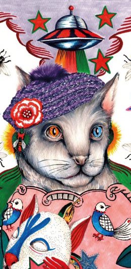 [2436x1125]手绘猫咪 怪诞 画风 异瞳 苹果手机动漫壁纸图片