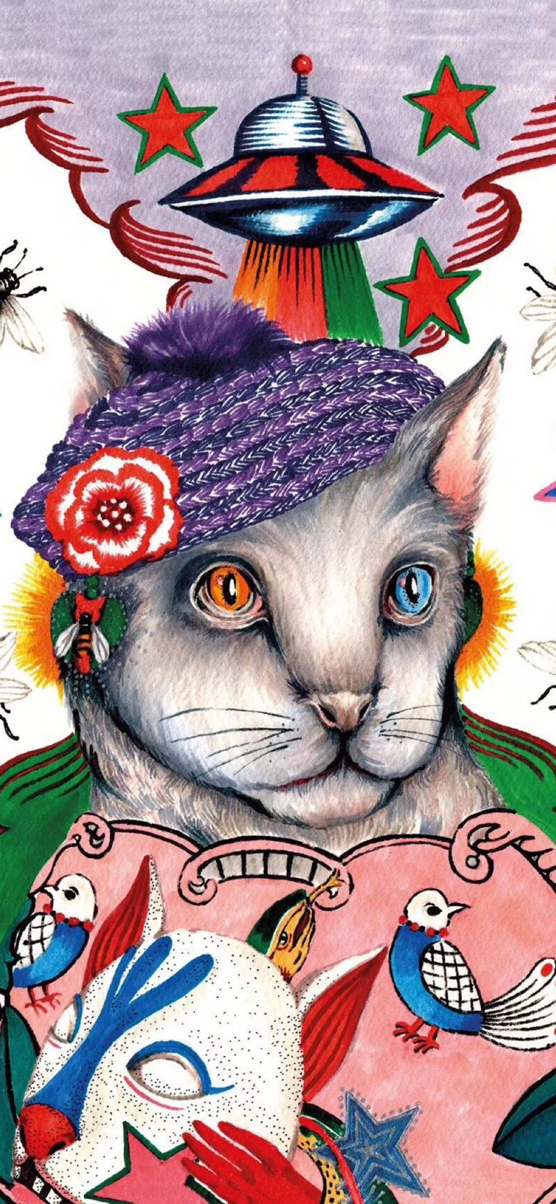 [2436×1125]手绘猫咪 怪诞 画风 异瞳 苹果手机动漫壁纸图片