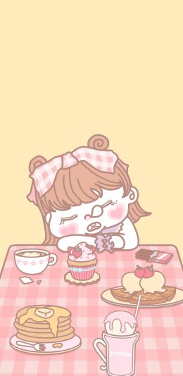 [2436x1125]打瞌睡 小女孩 卡通 甜品 蛋糕 可爱 苹果手机动漫壁纸图片
