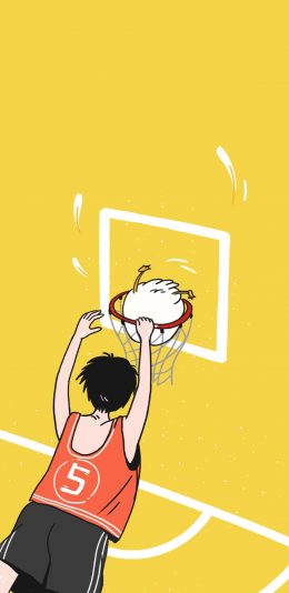 [2436x1125]投篮 鸭子 篮球 黄色 运动 苹果手机动漫壁纸图片