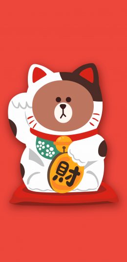 [2436x1125]招财猫 line 布朗熊 可爱 红色 苹果手机动漫壁纸图片