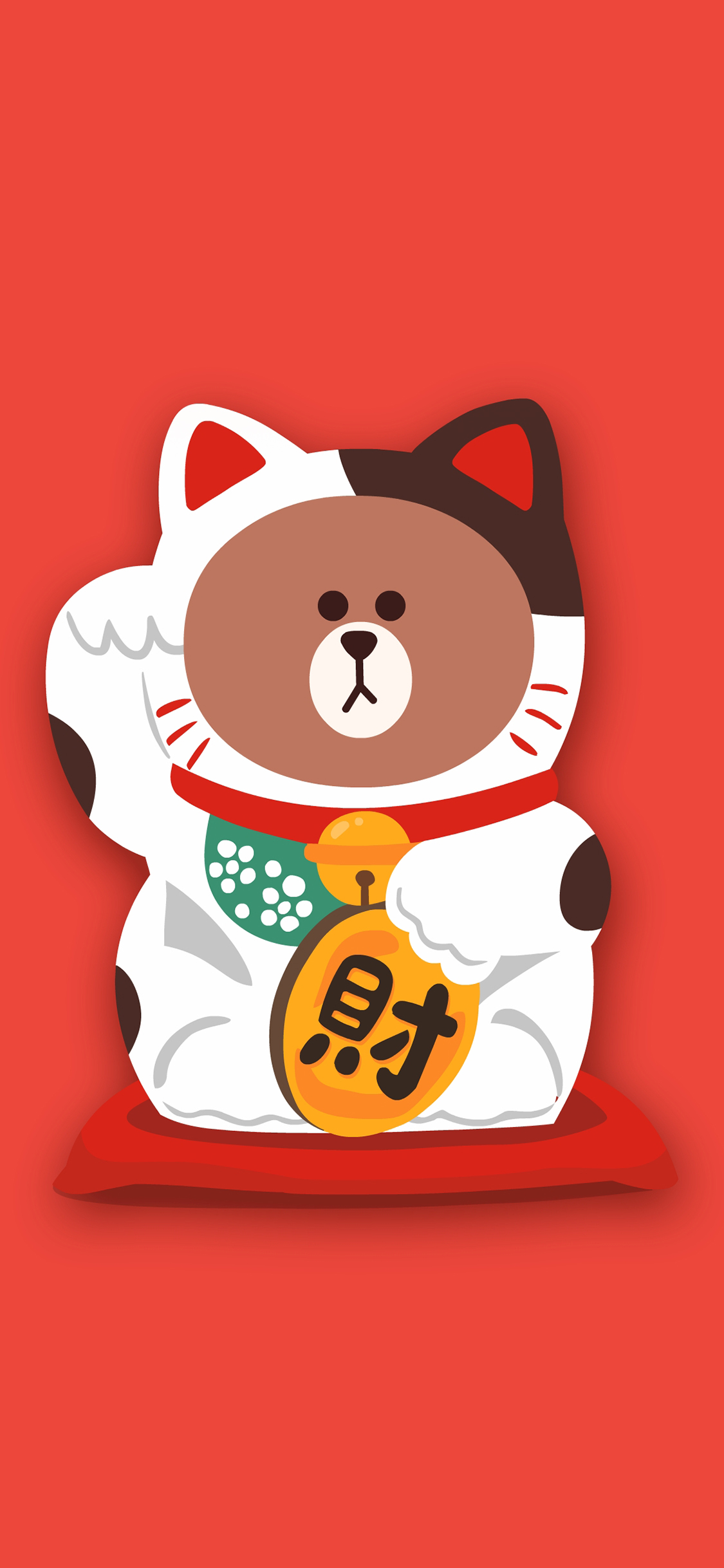 [2436×1125]招财猫 line 布朗熊 可爱 红色 苹果手机动漫壁纸图片