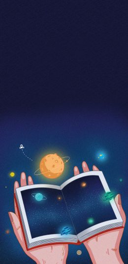 [2436x1125]插图 书本 星空 行星 苹果手机动漫壁纸图片