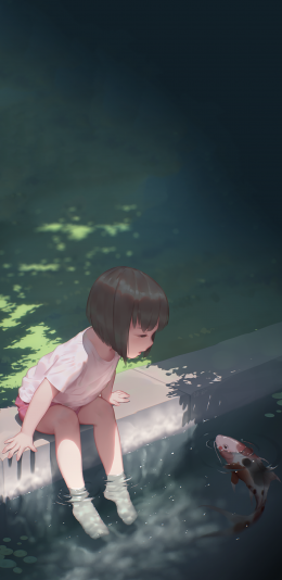 [2436x1125]插图 二次元 小女孩 锦鲤 苹果手机动漫壁纸图片
