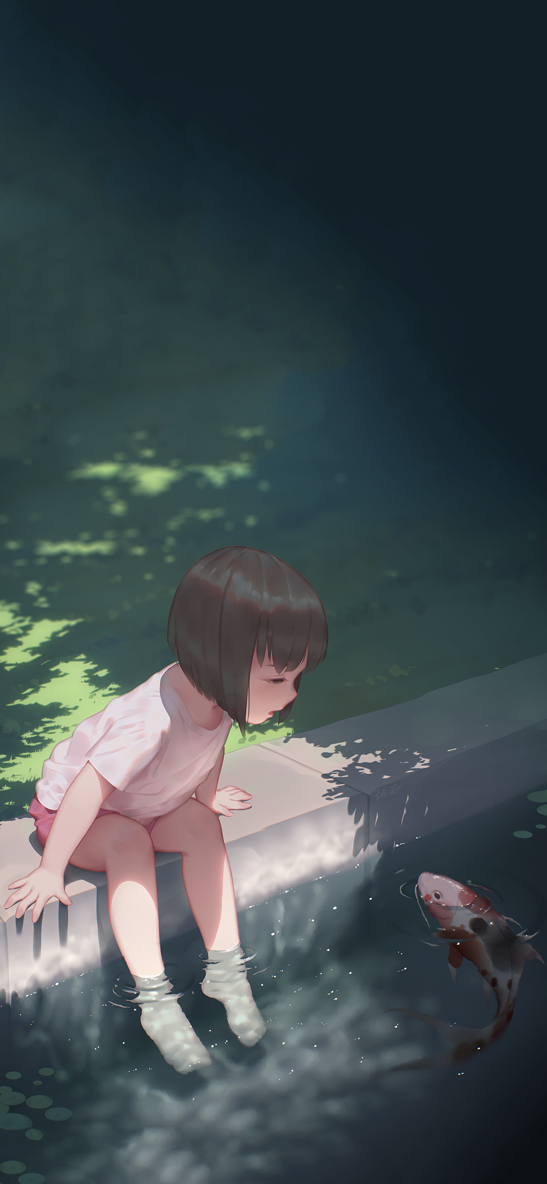 [2436×1125]插图 二次元 小女孩 锦鲤 苹果手机动漫壁纸图片