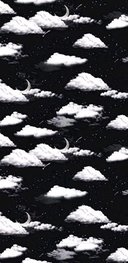 [2436x1125]插图 云朵 月牙 黑白 平铺 苹果手机动漫壁纸图片