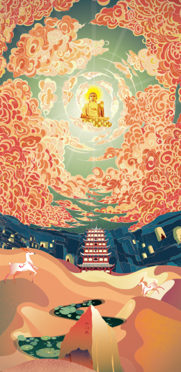 [2436x1125]插图 佛祖 佛塔 信仰 苹果手机动漫壁纸图片