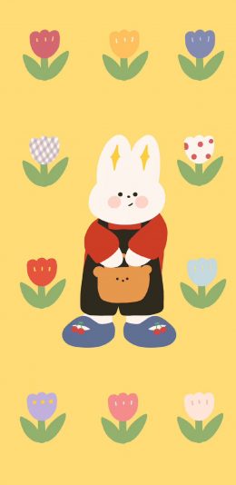 [2436x1125]插图 兔子 花朵 平铺（取自微博：请你吃番茄呀） 苹果手机动漫壁纸图片