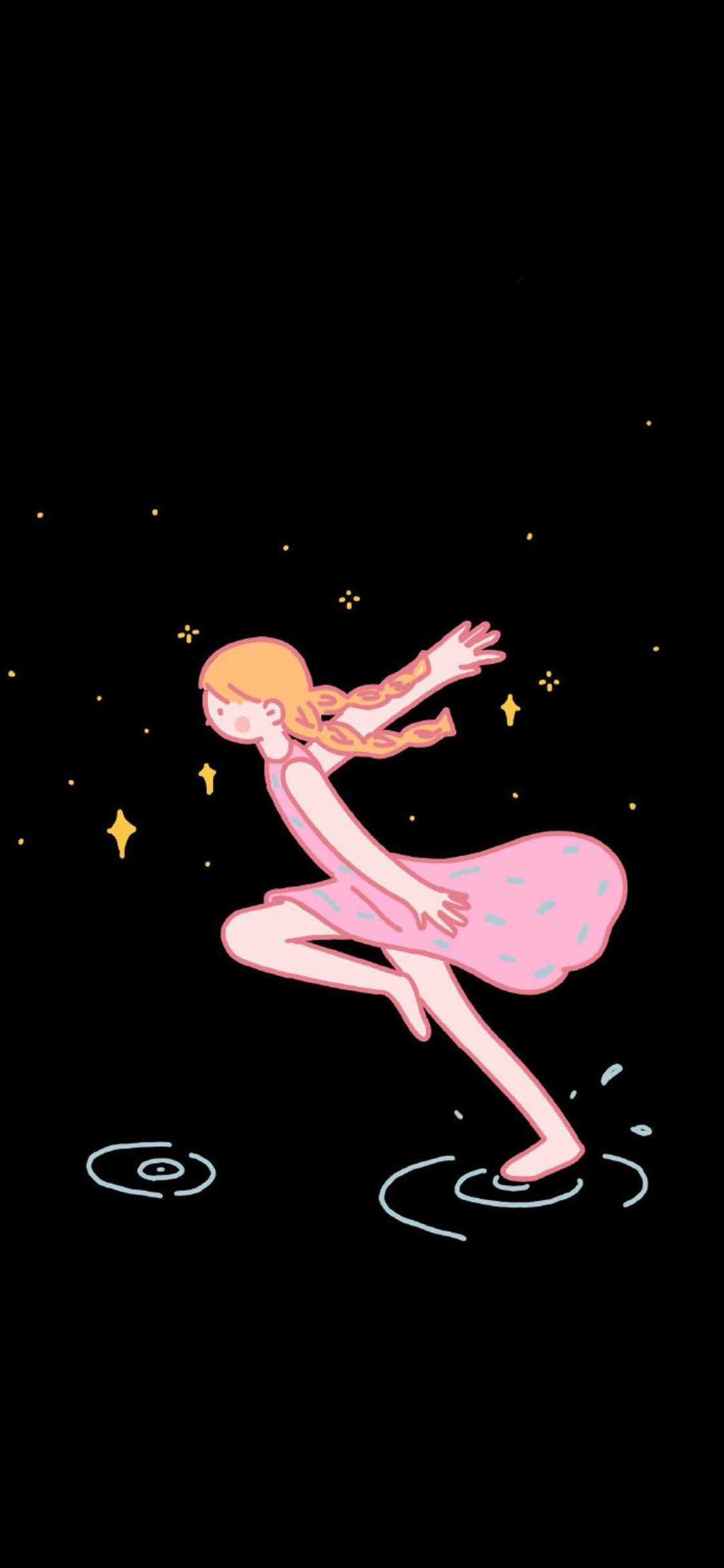 [2436×1125]插图 卡通 女孩 奔跑 星星 苹果手机动漫壁纸图片