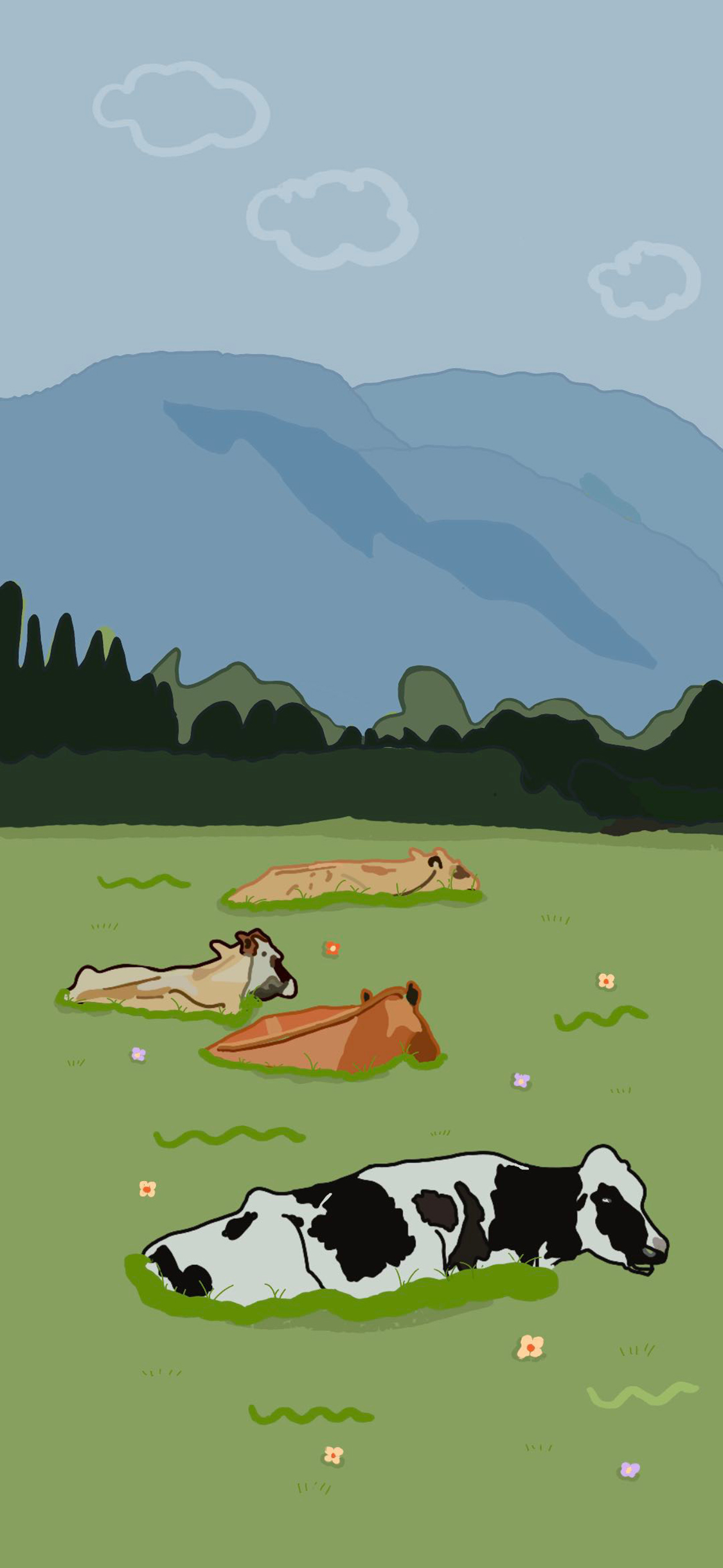 [2436×1125]插图 卡通 牛群 风景 苹果手机动漫壁纸图片