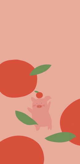 [2436x1125]插图 卡通 猪猪 橙子 苹果手机动漫壁纸图片