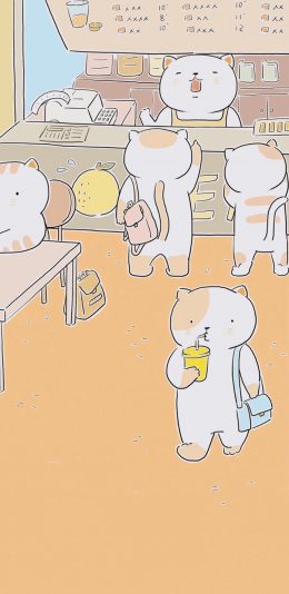 [2436x1125]插图 卡通 猫咪 饮料 苹果手机动漫壁纸图片