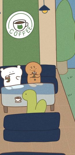 [2436x1125]插图 卡通 萌物 喝咖啡 苹果手机动漫壁纸图片