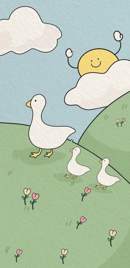 [2436x1125]插图 卡通 鸭子 太阳 苹果手机动漫壁纸图片