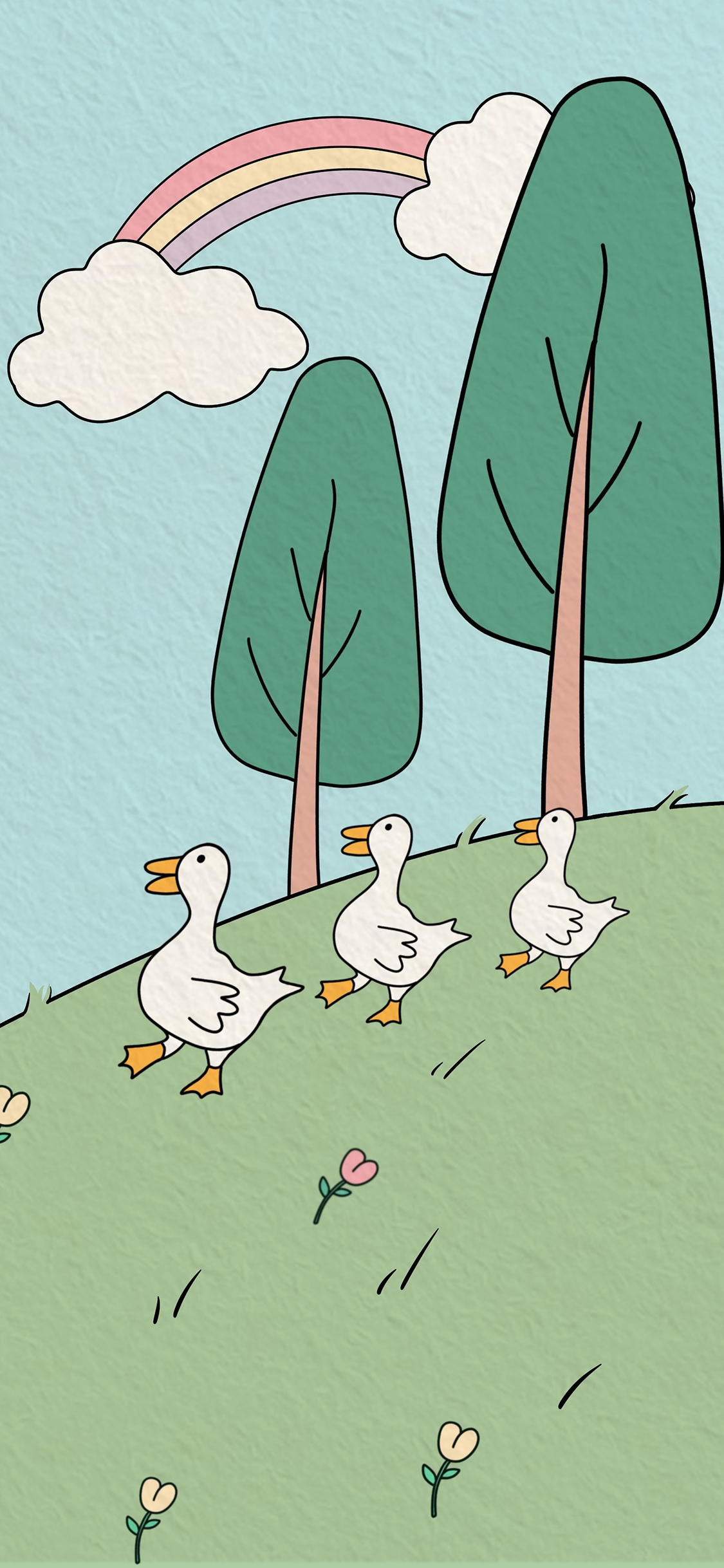 [2436×1125]插图 卡通 鸭子 彩虹 苹果手机动漫壁纸图片
