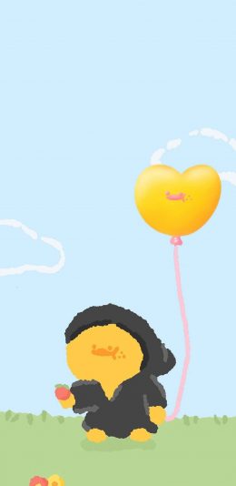 [2436x1125]插图 卡通 鸭鸭 气球 黄色 苹果手机动漫壁纸图片