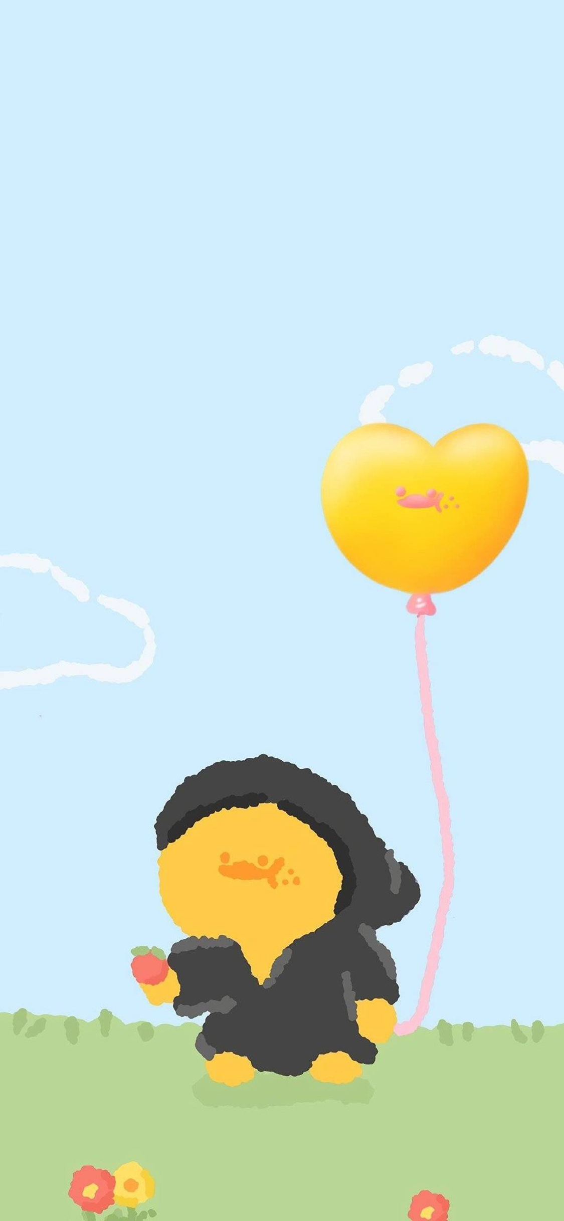 [2436×1125]插图 卡通 鸭鸭 气球 黄色 苹果手机动漫壁纸图片