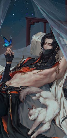 [2436x1125]插图 古风 美男 蝴蝶 猫咪 苹果手机动漫壁纸图片