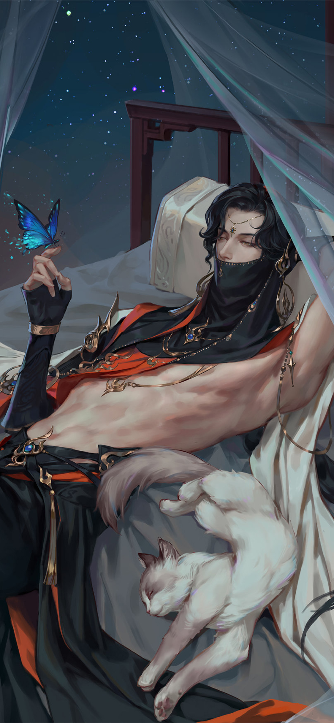 [2436×1125]插图 古风 美男 蝴蝶 猫咪 苹果手机动漫壁纸图片