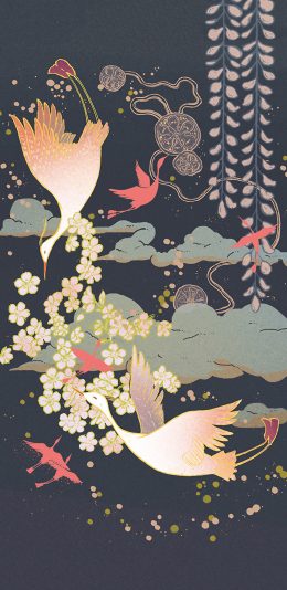[2436x1125]插图 和风 仙鹤 仙鹤 苹果手机动漫壁纸图片