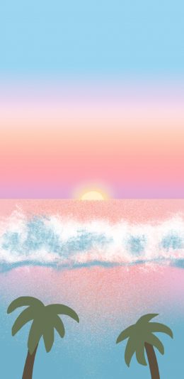 [2436x1125]插图 唯美 大海 落日 椰树 苹果手机动漫壁纸图片