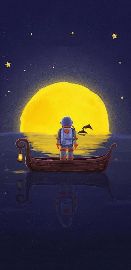 [2436x1125]插图 夜景 小船 宇航员 苹果手机动漫壁纸图片