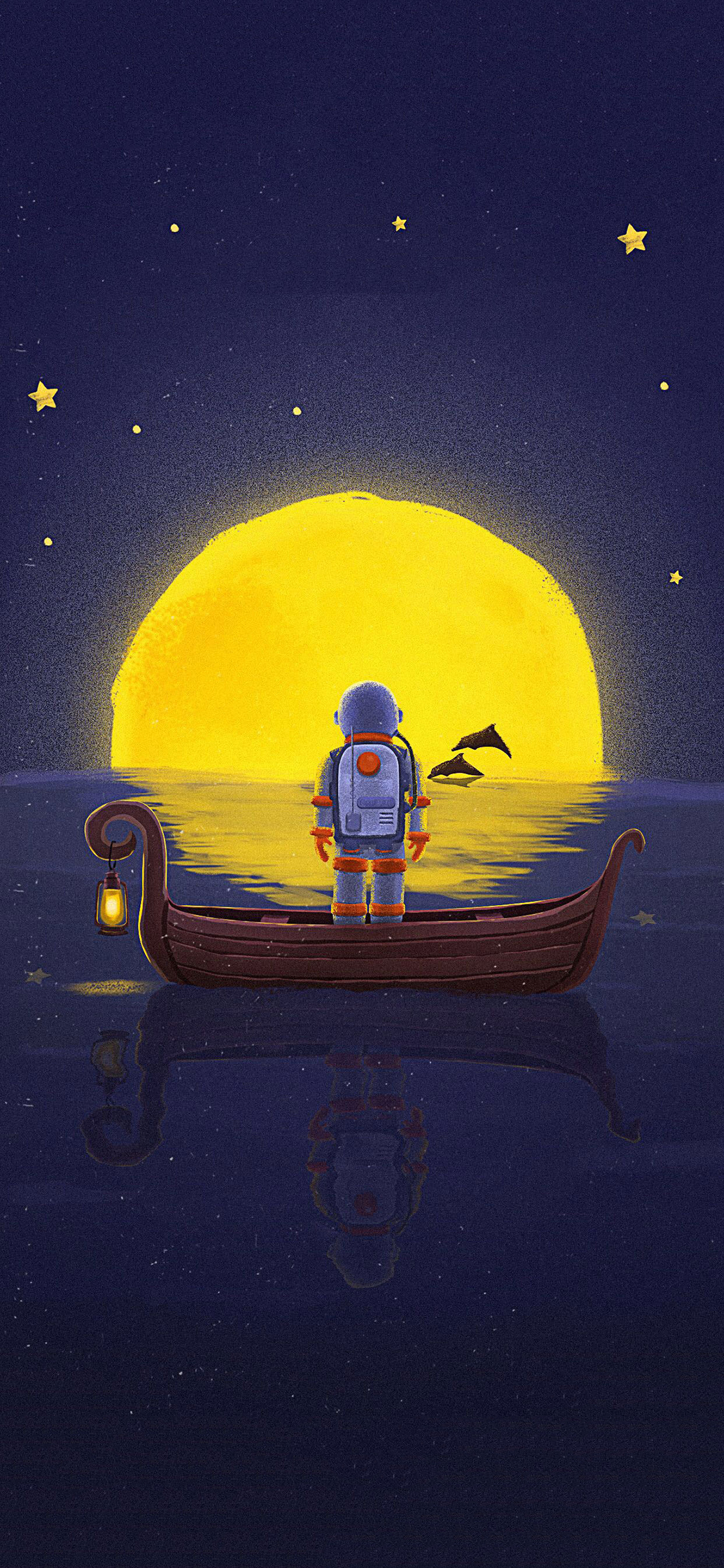 [2436×1125]插图 夜景 小船 宇航员 苹果手机动漫壁纸图片