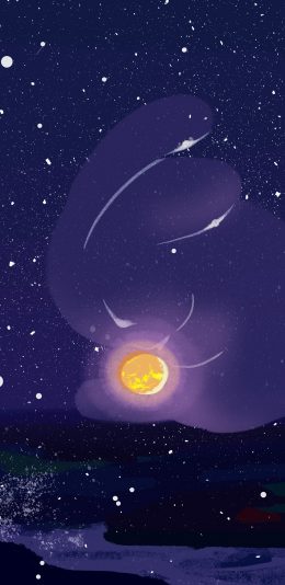 [2436x1125]插图 夜景 星空 月亮 苹果手机动漫壁纸图片