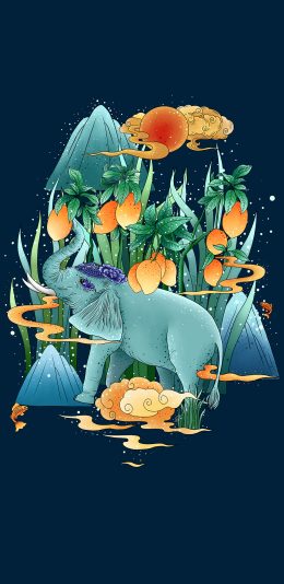 [2436x1125]插图 大象 花草 华丽（取自站酷网：辰子ChenRui） 苹果手机动漫壁纸图片