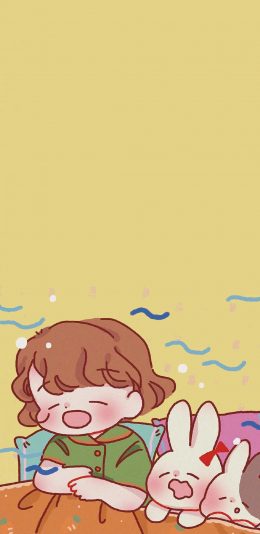 [2436x1125]插图 女孩 兔子 起床 可爱 苹果手机动漫壁纸图片