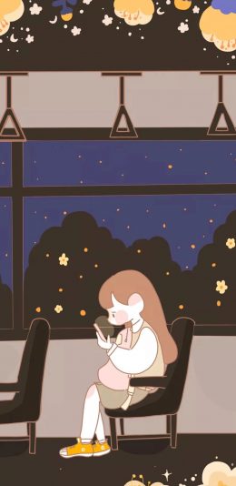 [2436x1125]插图 女孩 公交车 夜晚 苹果手机动漫壁纸图片