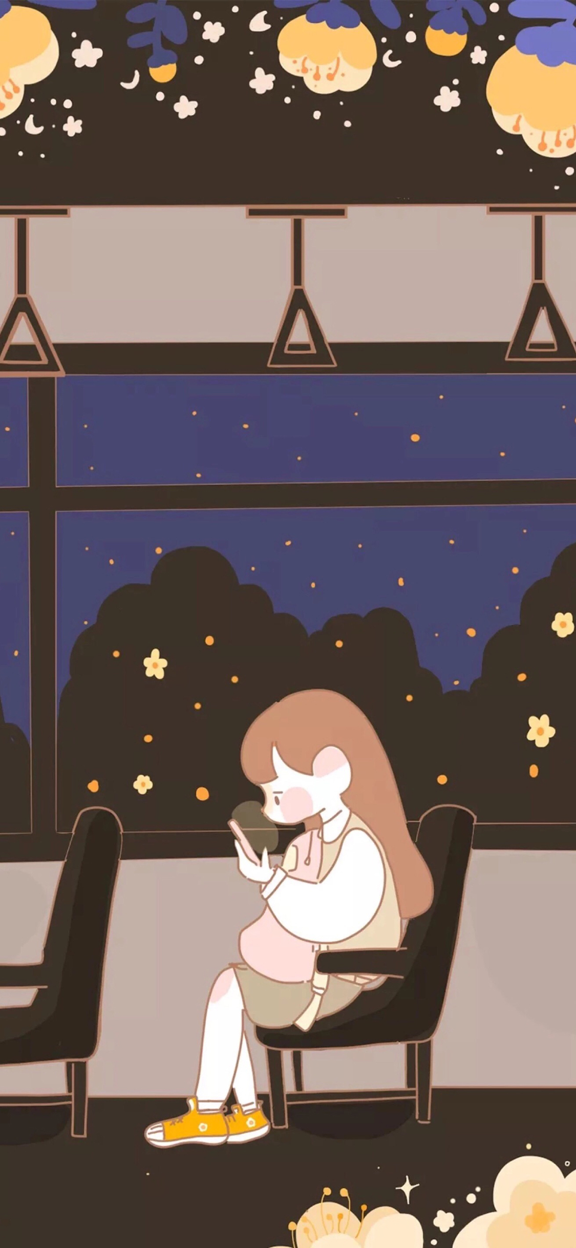 [2436×1125]插图 女孩 公交车 夜晚 苹果手机动漫壁纸图片