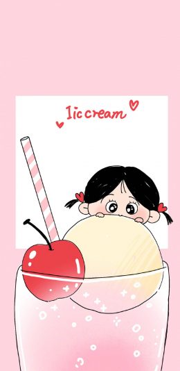[2436x1125]插图 女孩 冰淇淋 樱桃 苹果手机动漫壁纸图片