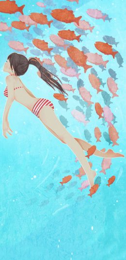 [2436x1125]插图 女孩 游泳 鱼群 苹果手机动漫壁纸图片