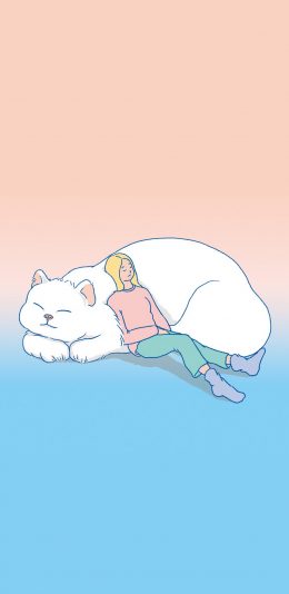 [2436x1125]插图 女孩 猫咪 白色 苹果手机动漫壁纸图片