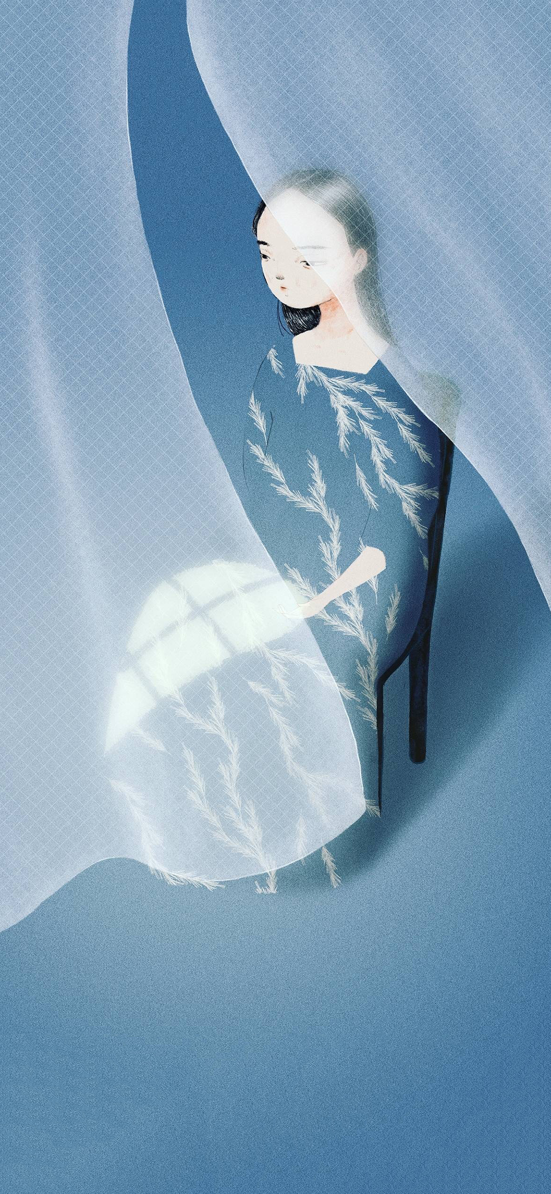 [2436×1125]插图 女孩 窗纱 意境 苹果手机动漫壁纸图片