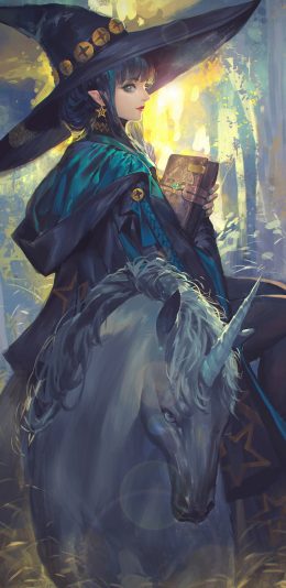 [2436x1125]插图 女巫 黑马 独角兽 二次元 苹果手机动漫壁纸图片