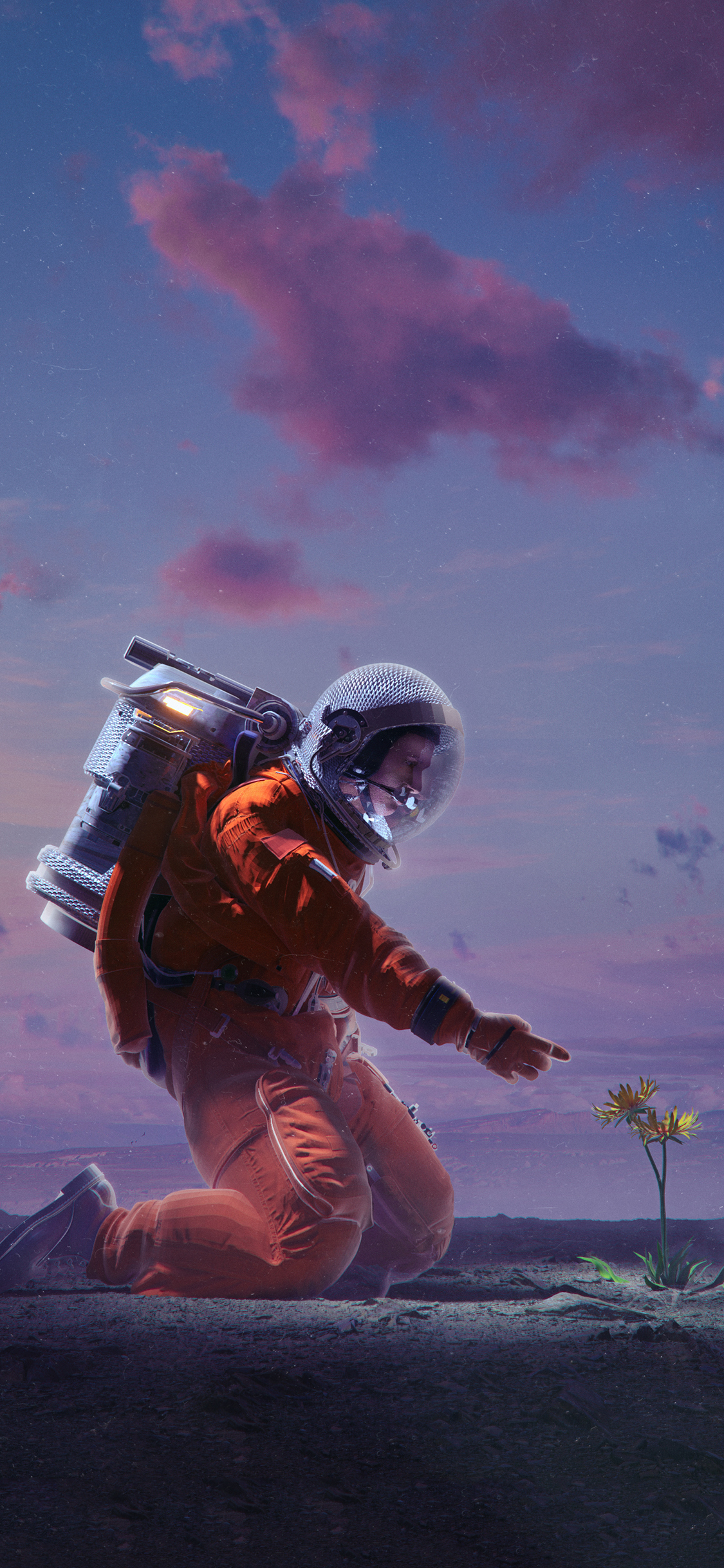 [2436×1125]插图 宇航员 鲜花 星空 梦幻 苹果手机动漫壁纸图片