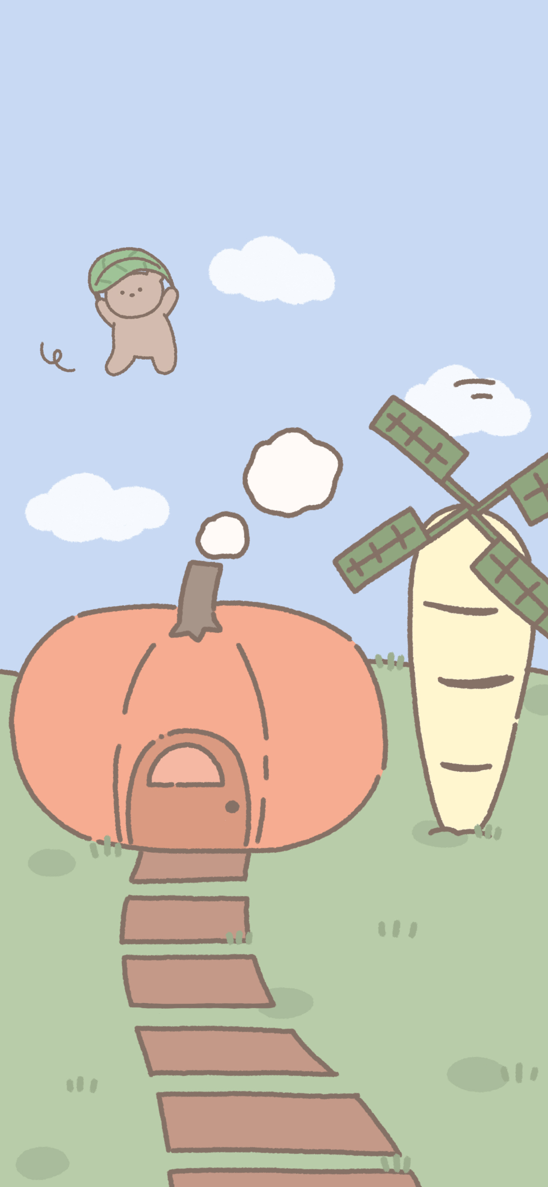 [2436×1125]插图 小熊 南瓜 胡萝卜（取自微博：小熊代言人） 苹果手机动漫壁纸图片