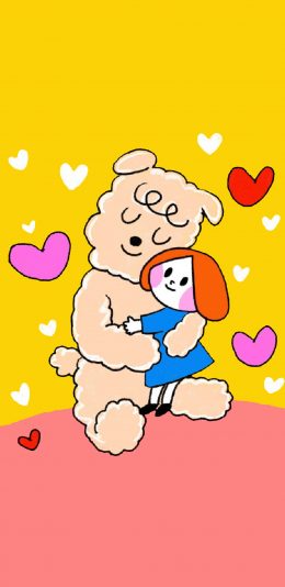 [2436x1125]插图 小狗 女孩 拥抱 爱心 苹果手机动漫壁纸图片
