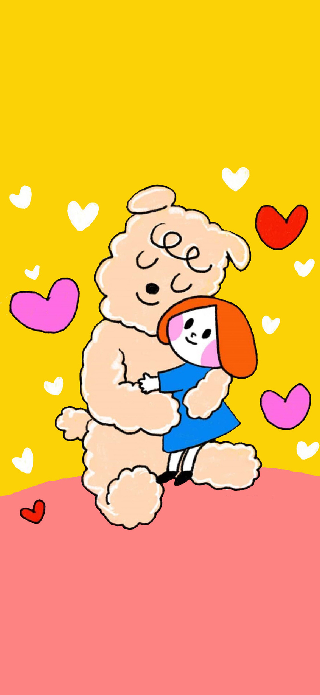 [2436×1125]插图 小狗 女孩 拥抱 爱心 苹果手机动漫壁纸图片