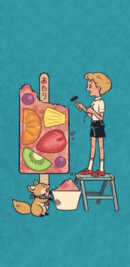 [2436x1125]插图 小男孩 冰棍 松鼠 苹果手机动漫壁纸图片