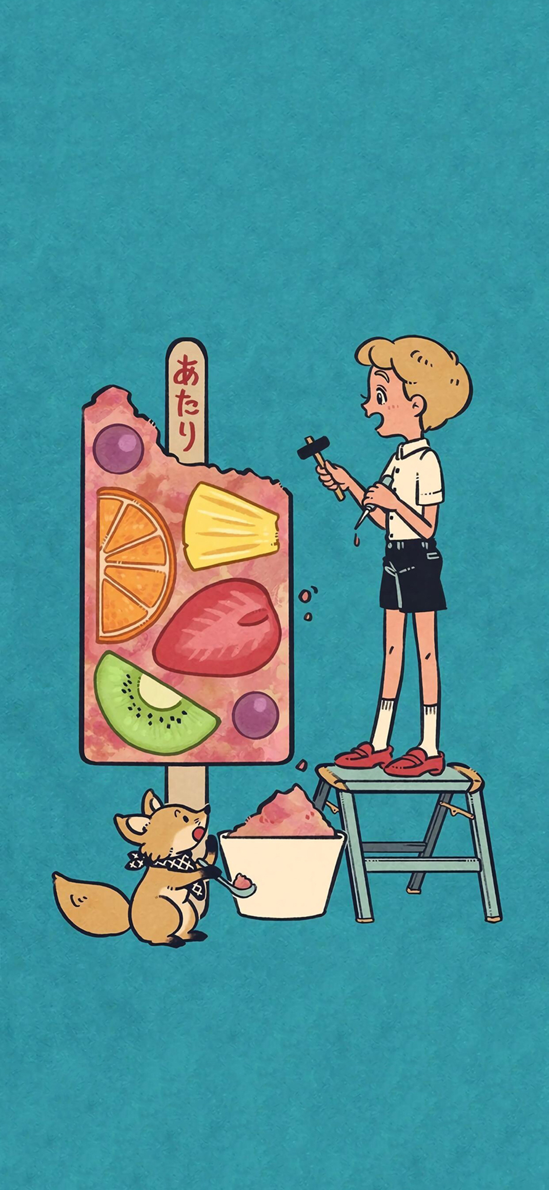 [2436×1125]插图 小男孩 冰棍 松鼠 苹果手机动漫壁纸图片