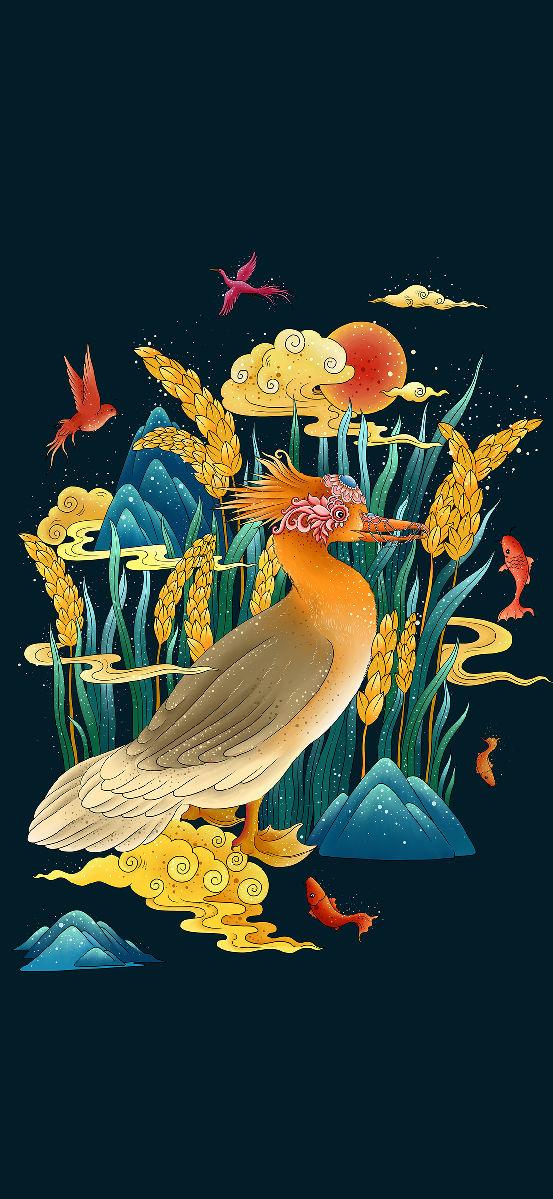 [2436×1125]插图 山鸡 花草 华丽（取自站酷网：辰子ChenRui） 苹果手机动漫壁纸图片