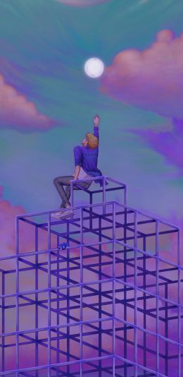 [2436x1125]插图 建筑 男孩 背影 夜景 苹果手机动漫壁纸图片